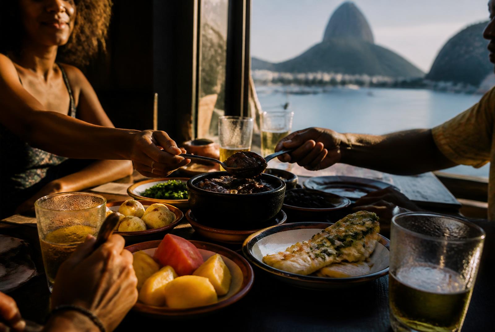 Friends sharing Brazilian dishes at a table overlooking Sugarloaf Mountain